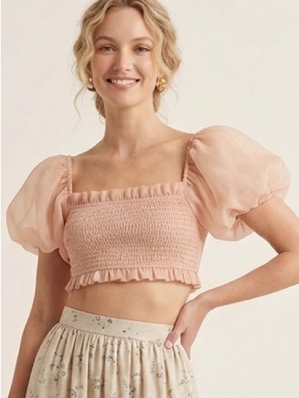 NEW LANI THE LABEL puff sleeve crop Top XSMALL smocked fairy pink cottagecore